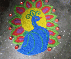 Rangoli: Peacock with lamps