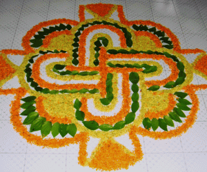 Rangoli using Crossandra flowers