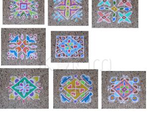 Collage of colored 7x7 dot kolams