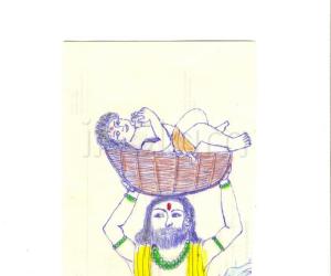 Baby  krishna  lying on the basket