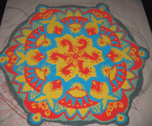 Yellow, red and blue rangoli