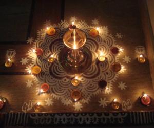 Karthigai kolam with lamps 