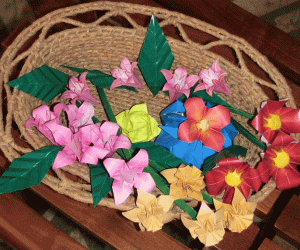 Origami flowers and grass basket