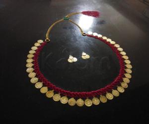 Home Kolams- Red Thread Kaasumaalai Necklace (Lakshmi coin necklace)