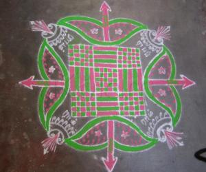 Rangoli: Fusion kanyakolam-Sri Ramanavami Special- will-Ambu-sword-arrow rangoli