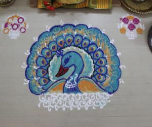 Rangoli: peacock rangoli done for golu 2013