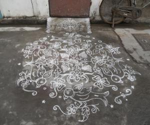 Parrots kolam in white.