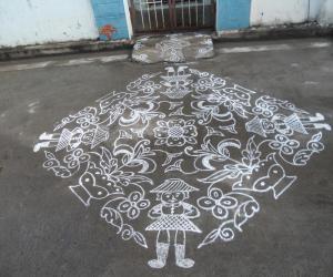 Doll & flower vase. Kolam in white.