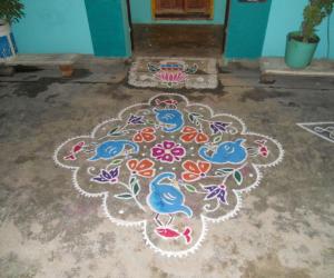 Rangoli: Crane & fish kolam.