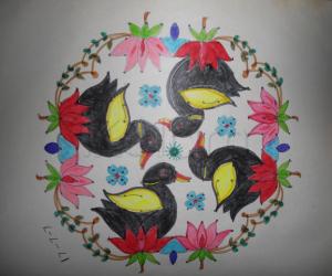 Paper rangoli. Ducks on lotus kolam.