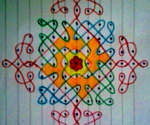 Chikku kolam with 13-1 straight dots.