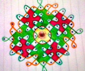 Chikku kolam with 11×1;9×2;7×1;5×1;1×1 straight dots.