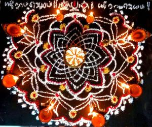 Hridaya Kamalam with Diyas for Karthigai in pooja slab 