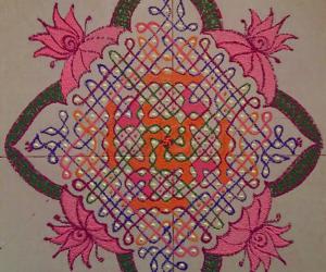 Chikku Kolam with 21-1 straight dots with colours.