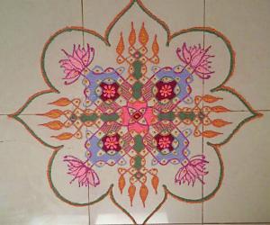 Margazhi Day 14 kolam - A chikku kolam with colours. 