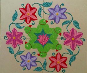 Margazhi Day 28 Kolam -  A  dotted parrot with flowers rangoli with 15-8  interlaced dots. 