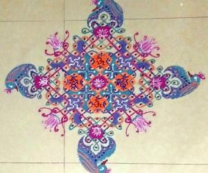 Chikku Kolam with 19-1 straight dots with freehand peacock extension