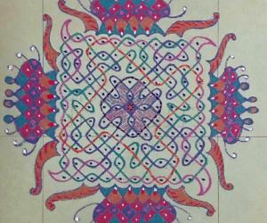 Chikku Kolam with 11-11 straight dots with freehand extension