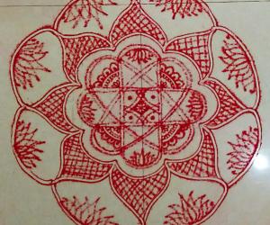 NAVARATHIRI Day 4 Padi Kolam Design in Red Colour