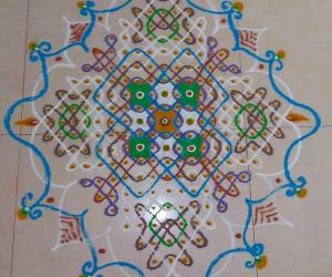 Chikku Kolam with colours - 21-1 straight dots - Margazhi Kolam 2017-18