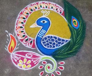 Peacock and Diya rangoli