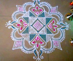 Navrathri- Pink/blue kolam for Navami and Dasami days.