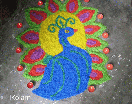 Rangoli: Peacock with lamps