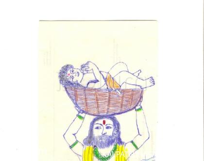 Rangoli: Baby  krishna  lying on the basket