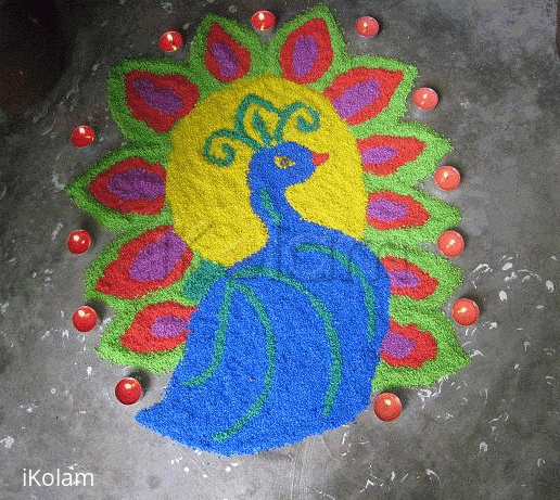 Rangoli: Peacock with lamps