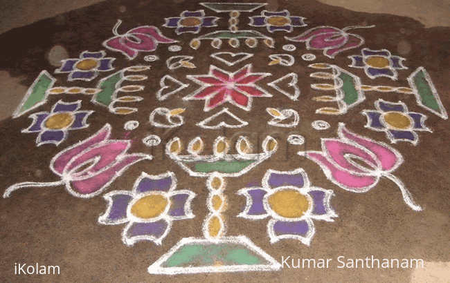 Rangoli: Lamps and lotus buds