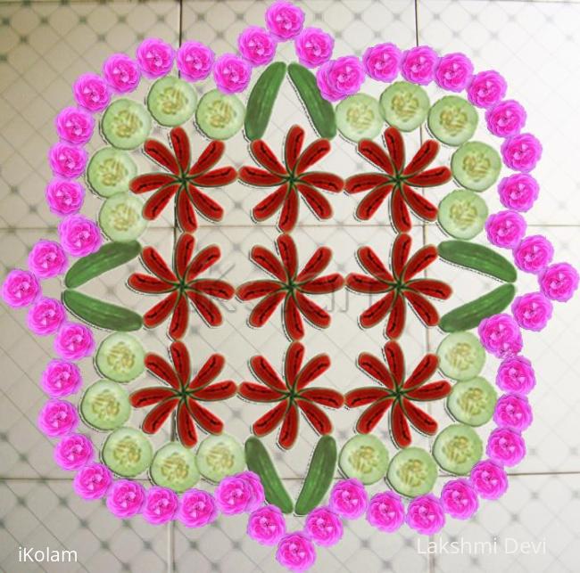 Rangoli: Veg, fruit & flower desgin.