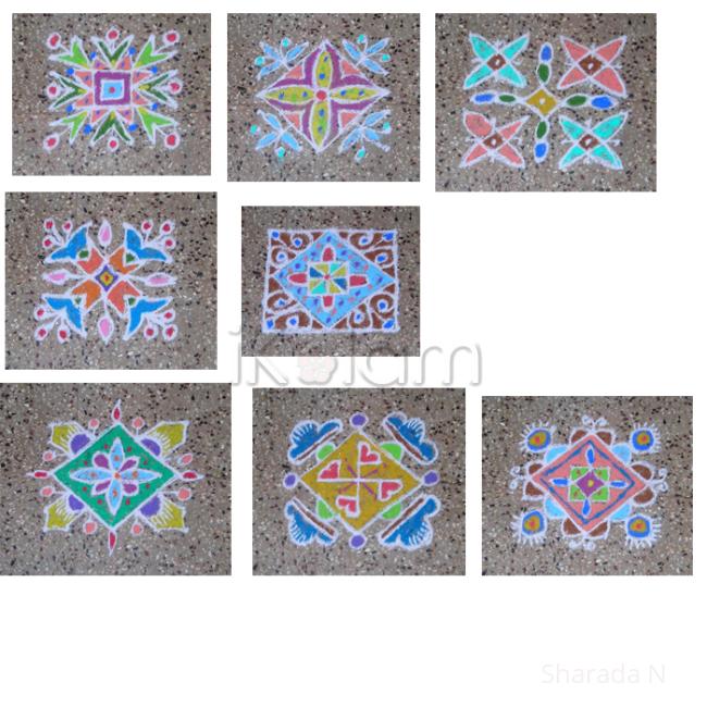 Rangoli: Collage of colored 7x7 dot kolams