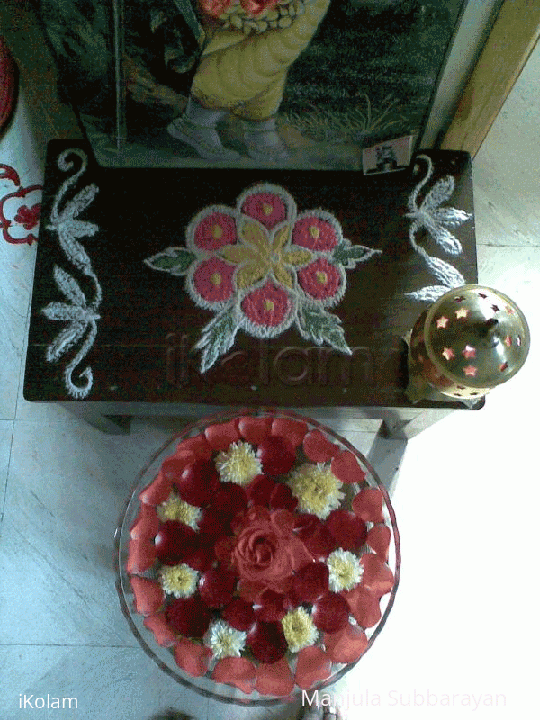 Rangoli: Glass bowl filled with water and flowers