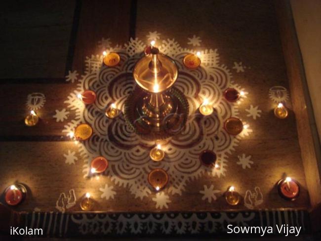 Rangoli: Karthigai kolam with lamps 