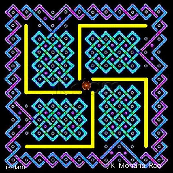 Rangoli: Four 3x4 sOnA patterns inside a square 