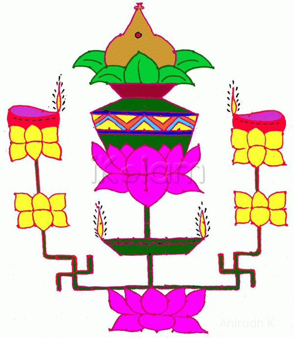 Rangoli: Kalasha, Lotus, Lamps