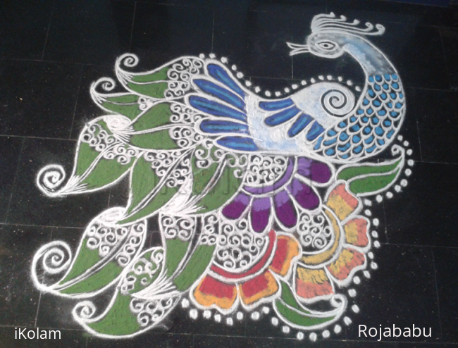 Rangoli: Peacock in leaves n flowers