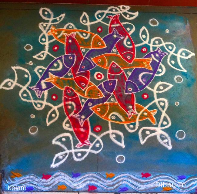 Rangoli: Fishes in the net Podikolam