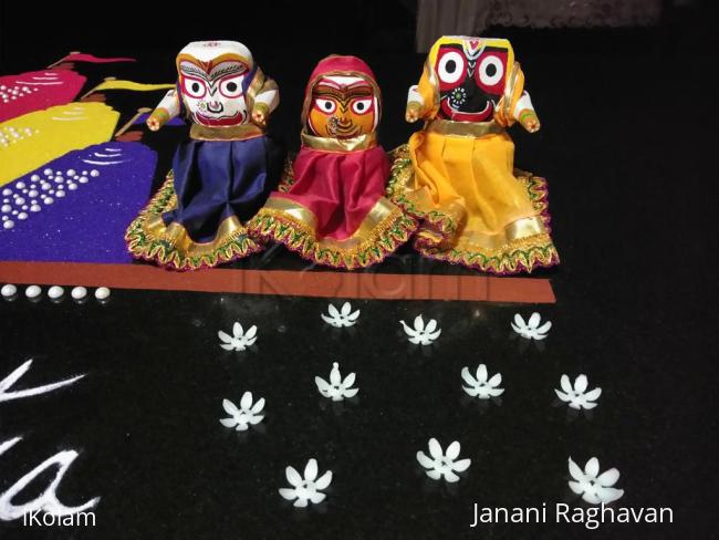 Rangoli: 2018- Puri Ratha Yatra..... Had a carpenter carve out the idols and i painted their faces and dressed them up....Jai Jaganntahji Ki...