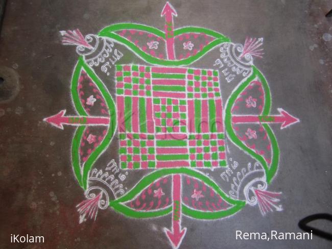 Rangoli: Fusion kanyakolam-Sri Ramanavami Special- will-Ambu-sword-arrow rangoli