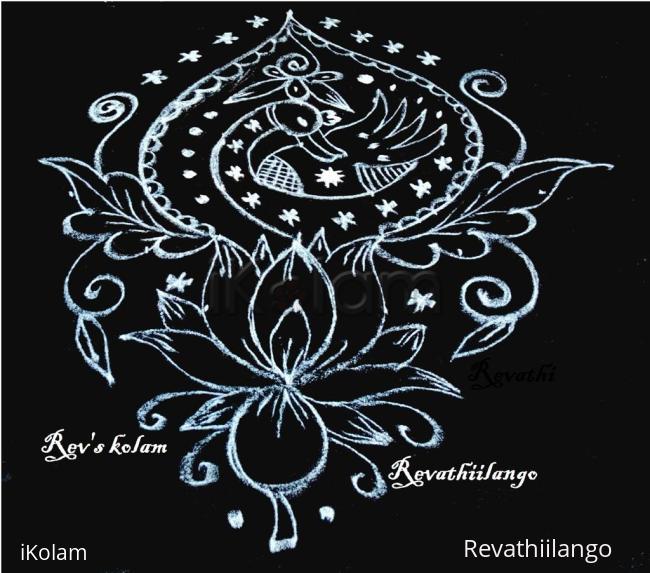 Rangoli: Rev's peacock design in black & white.