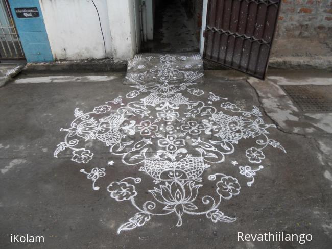 Rangoli:  Fishes on lotus. Kolam in white.