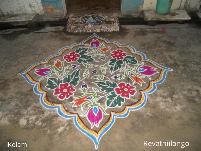 Rangoli:  Newyear kolam. Flowers & buds.