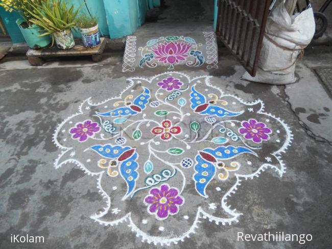 Rangoli: Butterflies & flowers with different outline. Markazhi  Kolam.