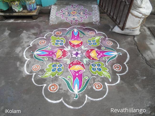 Rangoli: Datura Metal in colour with leaf. Markazhi Kolam.