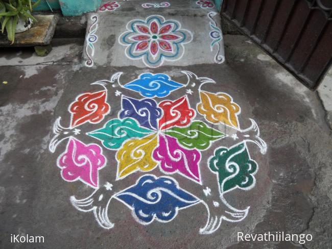 Rangoli: Bitter guard in multi colours. Kolam.