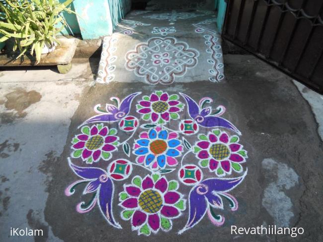 Rangoli: Sunflower in pink & green, Kolam.