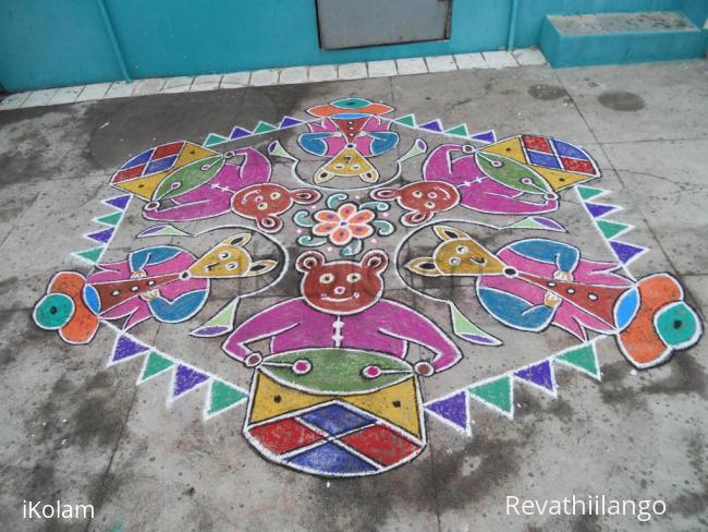 Rangoli: Teddy bear & fox playing musical instruments kolam.