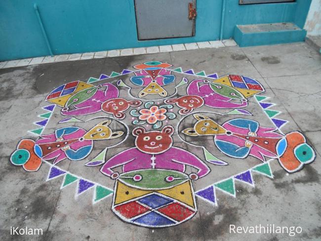 Rangoli: Teddy bear drums & fox nadaswaram Kolam. Rare kolam.