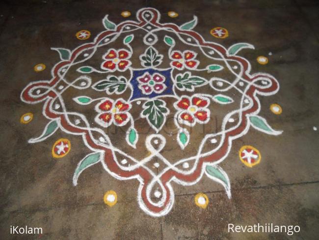 Rangoli: Chikku kolam with flowers & leaves.